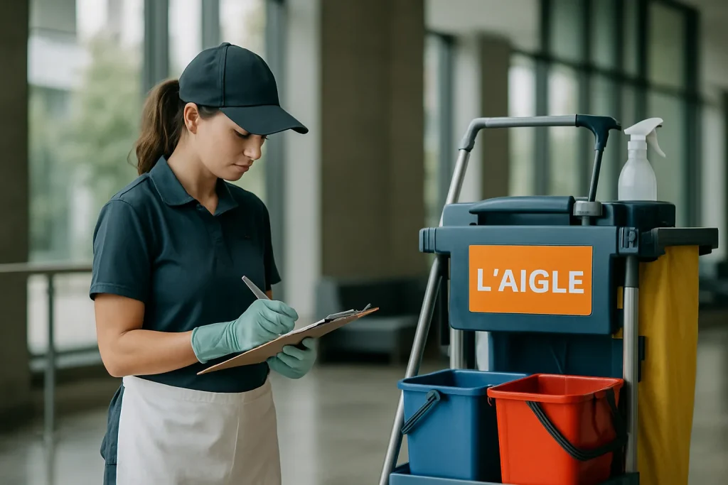Un agent de nettoyage à L'AIGLE utilisant des équipements modernes dans un bureau.