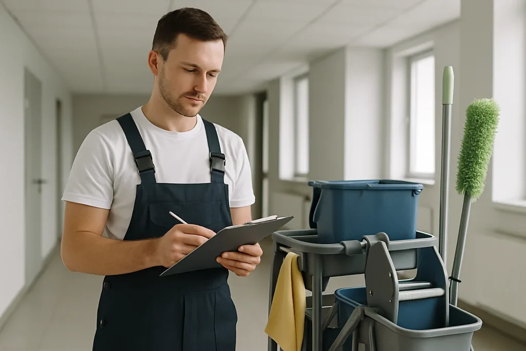 Un technicien de nettoyage à ATHIS-DE-L'ORNE nettoyant un appartement avec de l'équipement moderne.