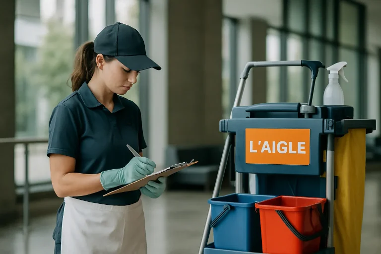 Un agent de nettoyage à L'AIGLE utilisant des équipements modernes dans un bureau.