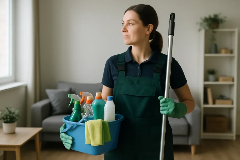 Un professionnel du nettoyage nettoyant un appartement insalubre à Domfront sous un éclairage naturel.