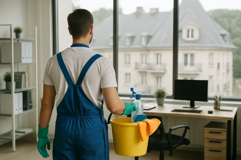 Professionnel du nettoyage s'occupant d'un appartement insalubre à Bagnoles-de-l'Orne.