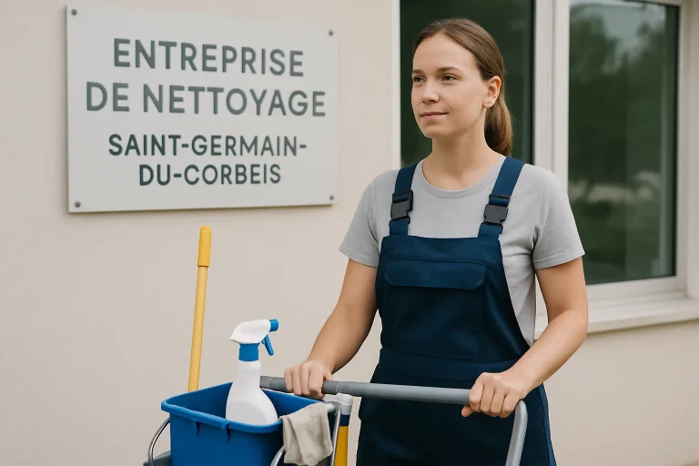 Équipe de nettoyage professionnelle dans un bureau à Saint-Germain-du-Corbeis, avec des équipements modernes.