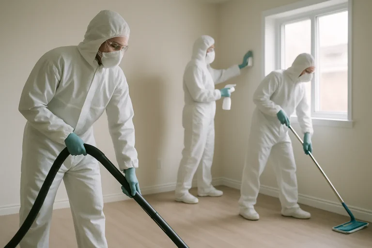Équipe de nettoyage en combinaison blanche dans une maison vide après un décès