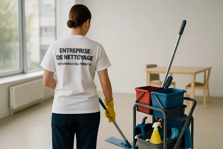 Équipe de nettoyage à Mortagne-au-Perche effectuant des travaux dans un bureau.