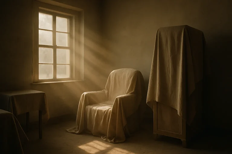 Intérieur d'une pièce poussiéreuse avec lumière du soleil traversant une fenêtre et meubles couverts.
