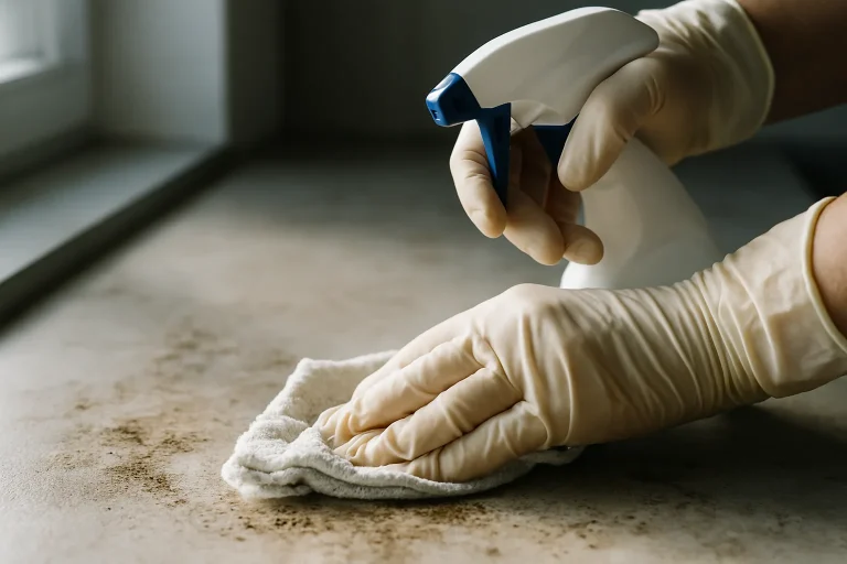 Mains gantées nettoyant une surface souillée avec des produits spécialisés, lumière naturelle.