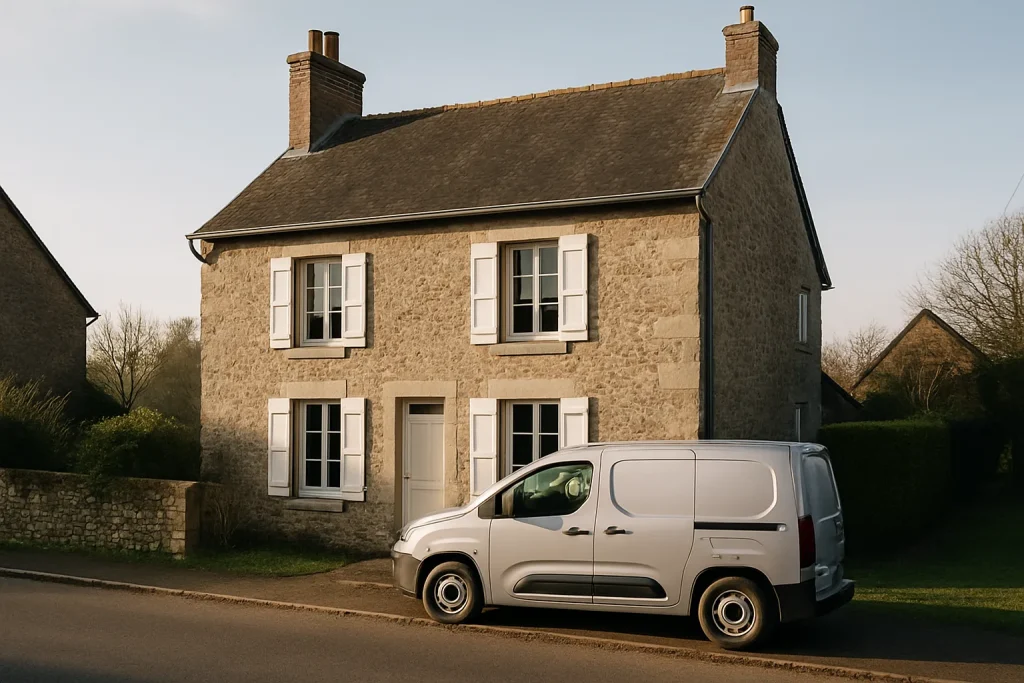 Vue extérieure d'une maison de l'Orne avec une voiture de service devant, lumière du matin