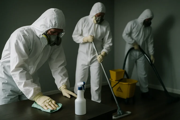 Équipe de nettoyage en combinaison hazmat dans une pièce sombre, travaillant sur une scène traumatique.