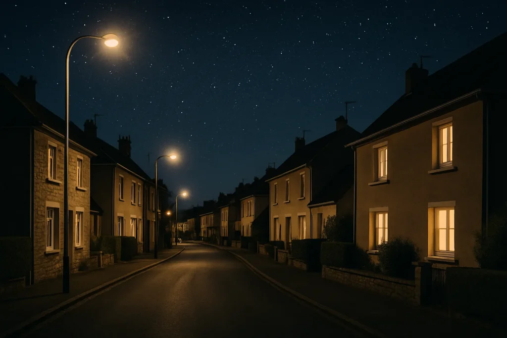 Rue résidentielle éclairée à Flers la nuit avec des lampadaires et un ciel étoilé.