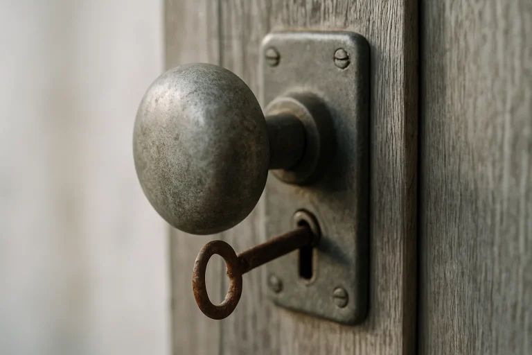Gros plan d'une poignée de porte usée avec une clé rouillée, lumière naturelle