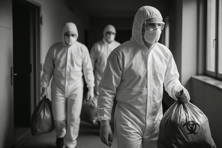 Équipe de nettoyage en combinaison manipulant des sacs de déchets DASRI dans un cadre professionnel.
