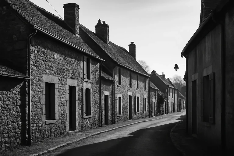 Photo noir et blanc d'une rue de village dans l'Orne avec maisons anciennes