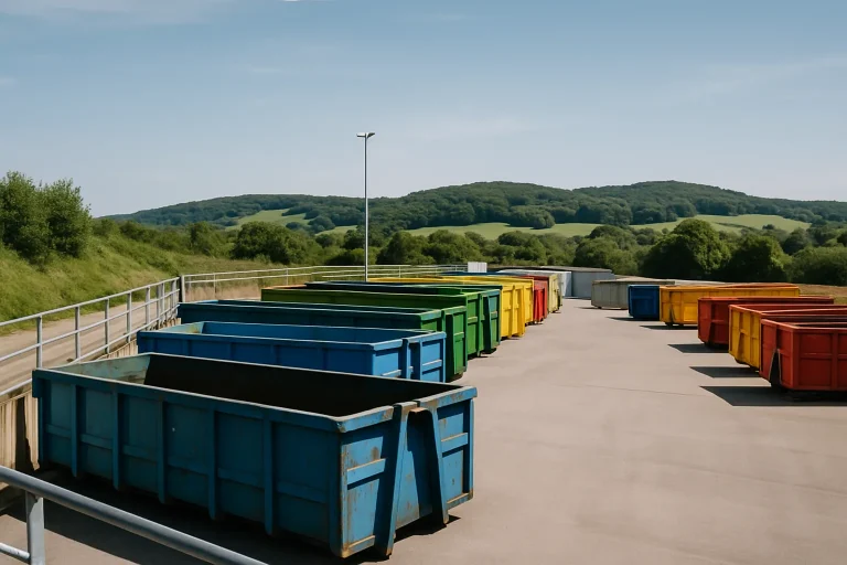 Déchetterie d'Argentan avec bennes colorées et collines verdoyantes