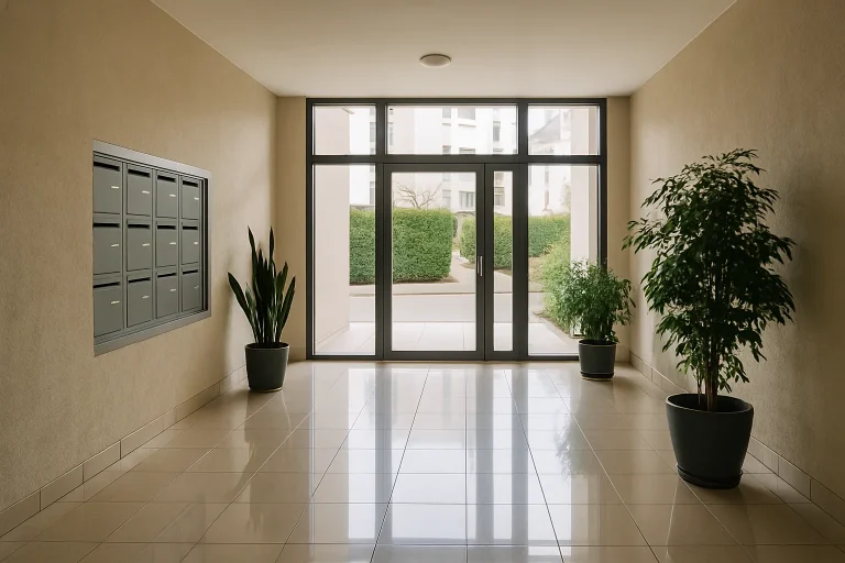 Hall d'entrée moderne d'une copropriété à Alençon avec sols brillants et lumière naturelle.