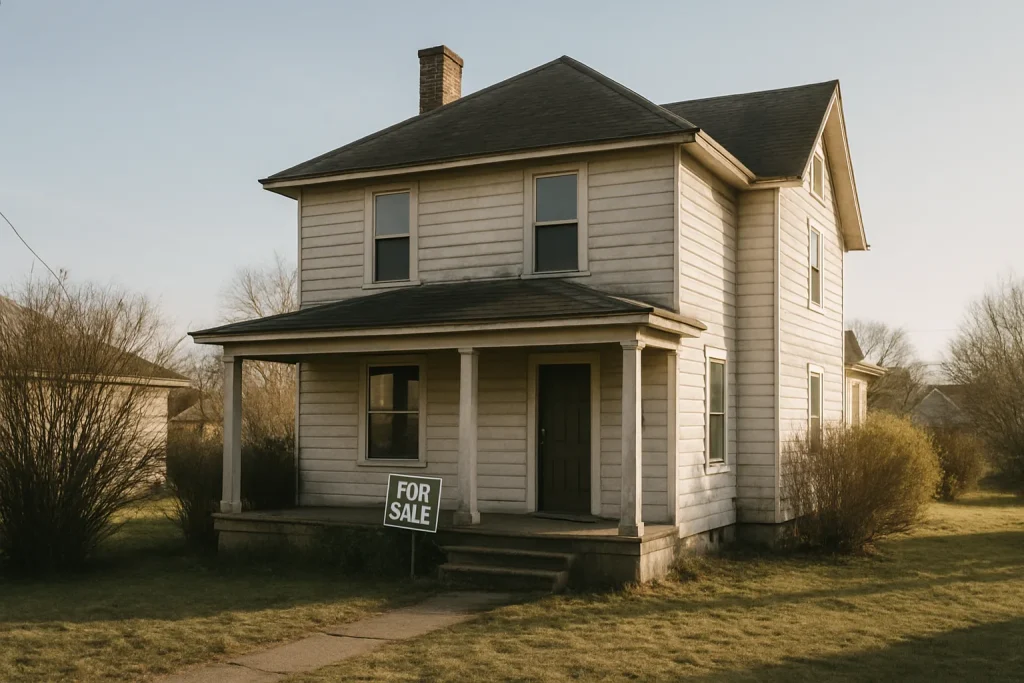 Façade d'une vieille maison en vente, éclairage de fin d'après-midi, jardin visible