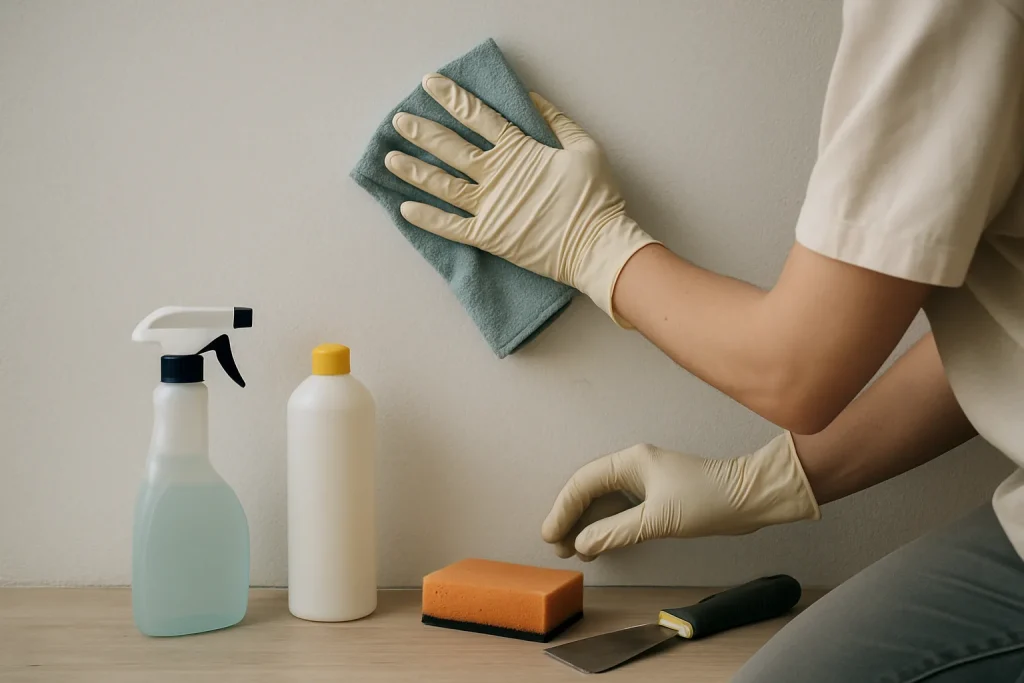 Des mains nettoient les murs avec des produits de nettoyage et outils à portée de main.