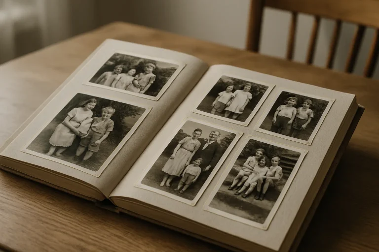 Album photo ouvert sur une table, pages remplies de photos de famille, lumière douce