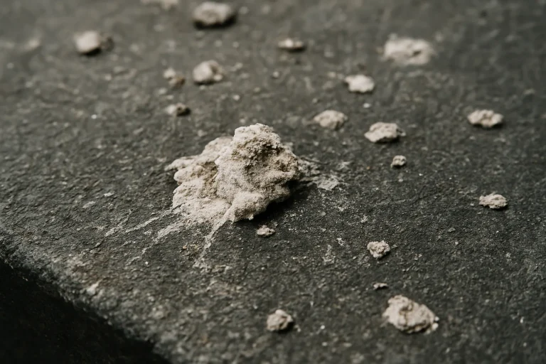Surface endommagée avec des fientes de pigeons, éclairage naturel, gros plan.
