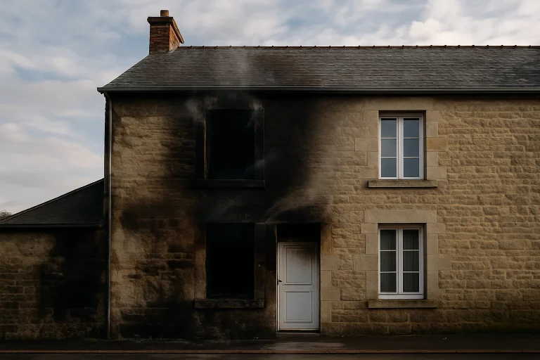 Façade d'une maison à La Ferté-Macé endommagée par un incendie, avec traces de fumée.