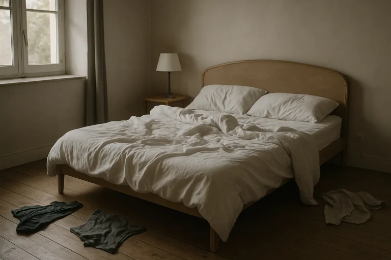 Chambre à coucher à Mortagne-au-Perche avec lit défait et vêtements éparpillés, lumière douce
