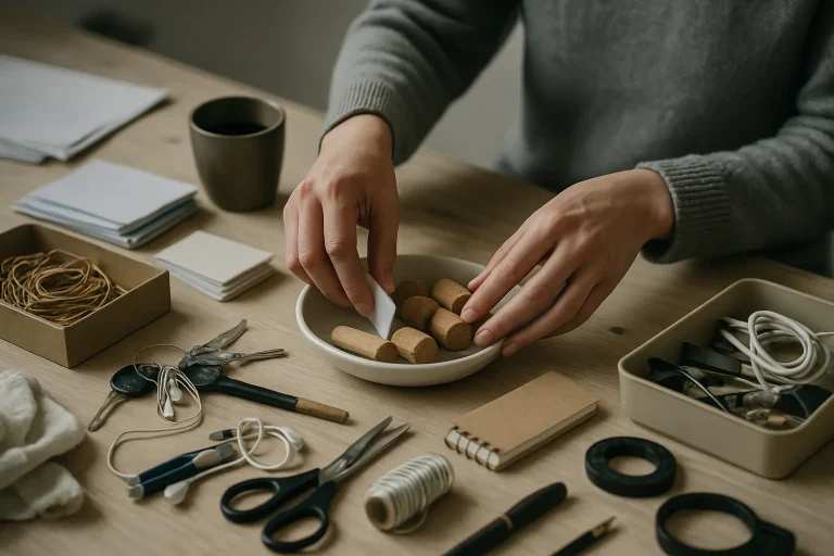 Mains triant divers objets sur une table encombrée, éclairage neutre