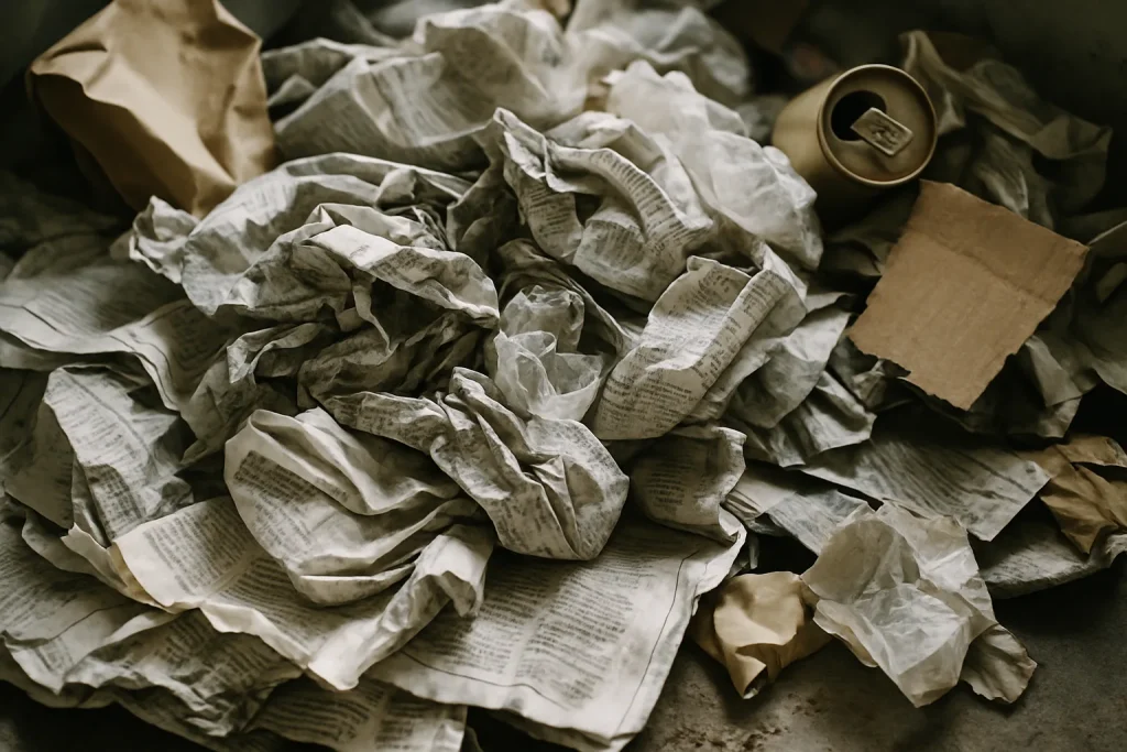 Tas de déchets et journaux froissés dans un appartement Diogène, éclairage naturel.