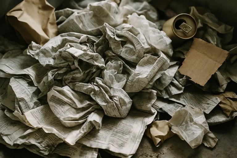 Tas de déchets et journaux froissés dans un appartement Diogène, éclairage naturel.