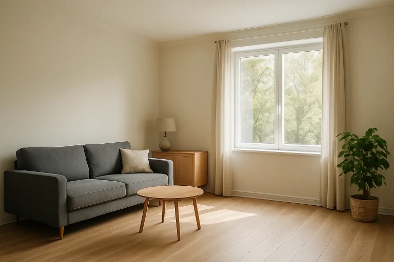 Salon rénové à Alençon, parquet neuf, murs peints, lumière douce.
