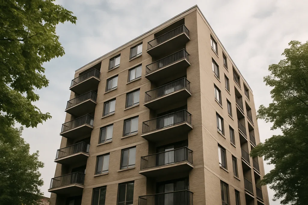 Vue extérieure d'un immeuble résidentiel avec des arbres et un ciel nuageux