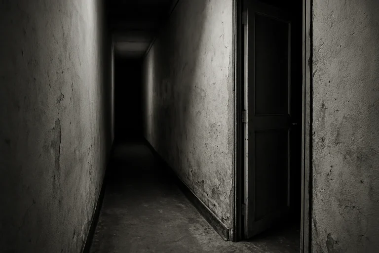 Couloir d'immeuble à L'Aigle, porte entrouverte, traces d'usure visibles.