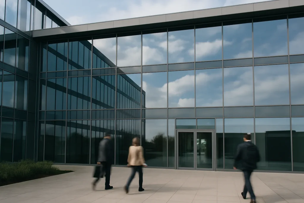 Façade vitrée d'un immeuble de bureaux dans l'Orne avec reflets du ciel et passants flous.