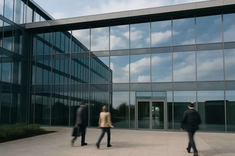 Façade vitrée d'un immeuble de bureaux dans l'Orne avec reflets du ciel et passants flous.