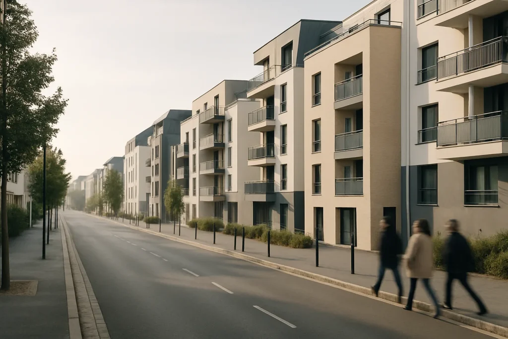 Rue de Flers avec bâtiments modernes sous une douce lumière matinale.