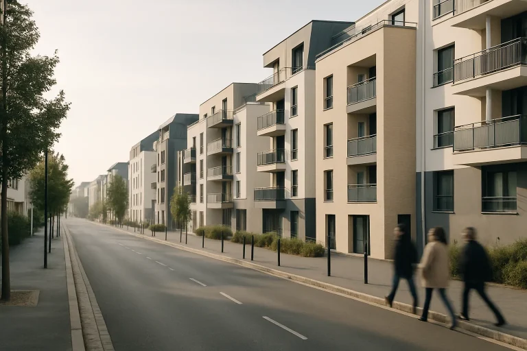 Rue de Flers avec bâtiments modernes sous une douce lumière matinale.