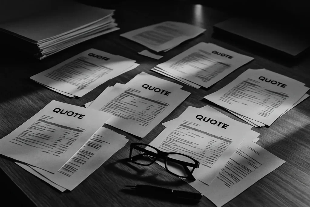 Documents de devis de nettoyage extrême éparpillés sur une table de bureau