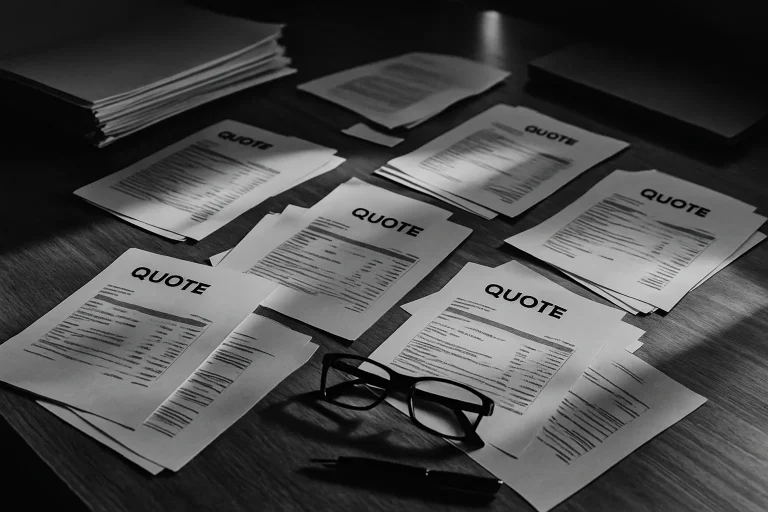 Documents de devis de nettoyage extrême éparpillés sur une table de bureau
