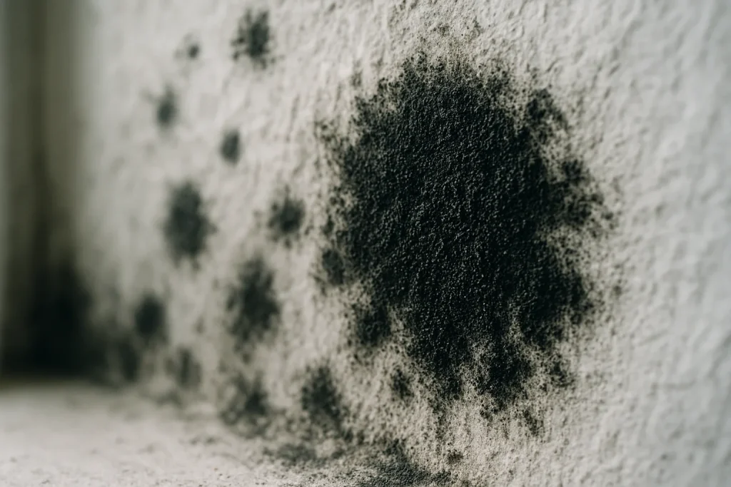 Gros plan de moisissures noires sur un mur intérieur, éclairage naturel