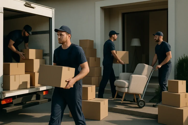Équipe de déménageurs en action vidant une maison avec cartons et meubles