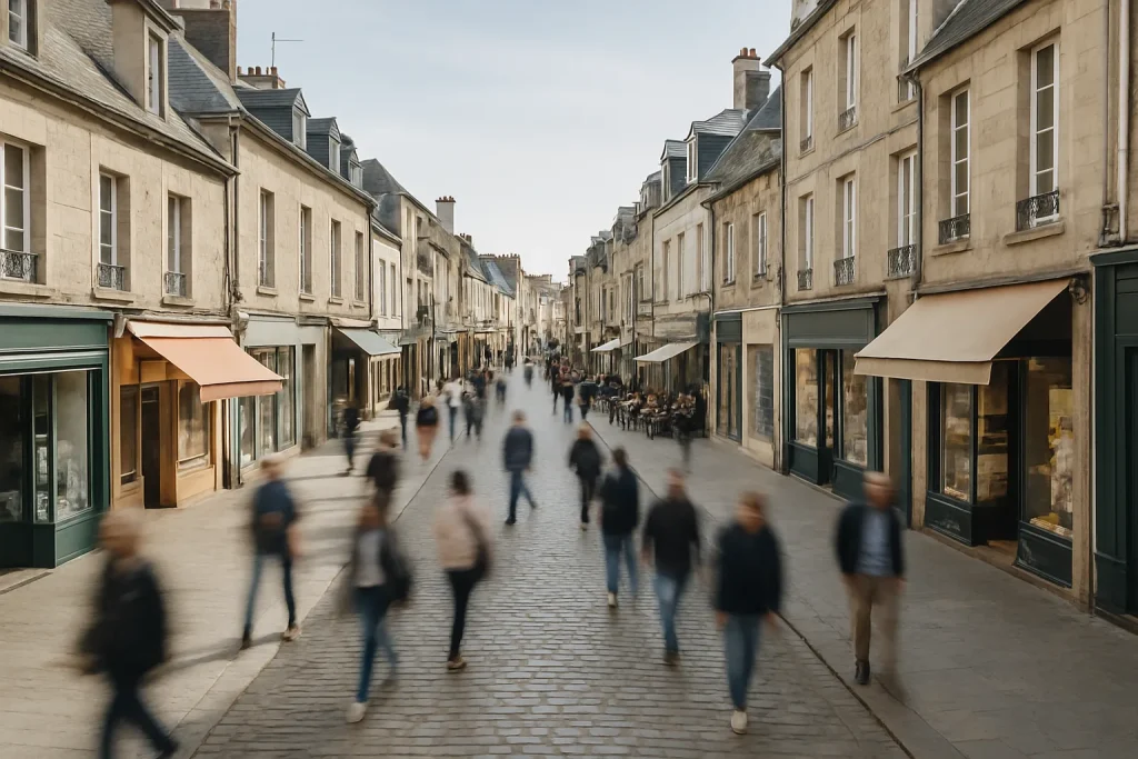 Rue d'Alençon avec passants flous et commerces ouverts, ciel clair