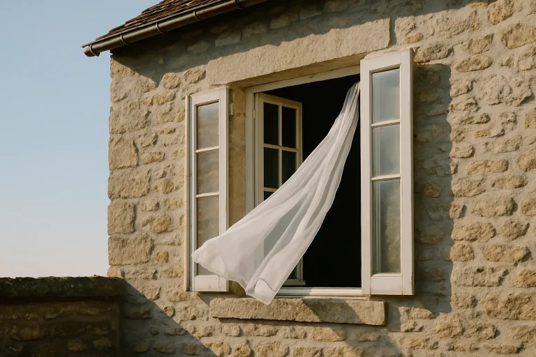 Fenêtre ouverte dans une maison en pierre de l'Orne, rideaux flottants