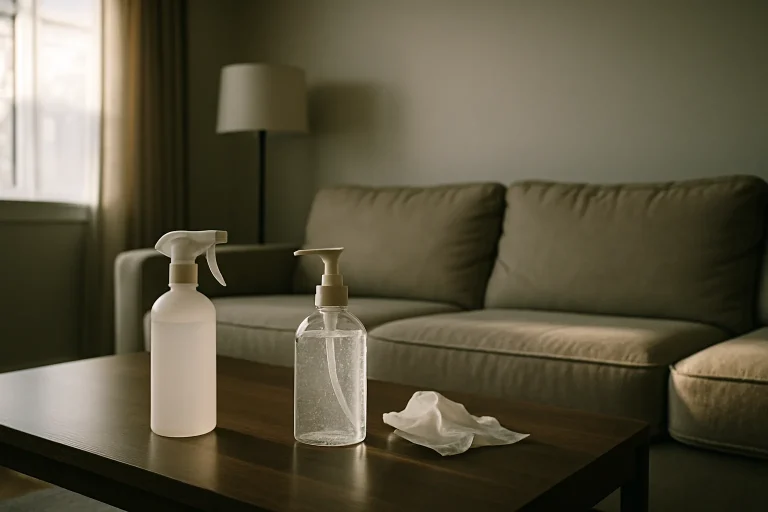 Salon vide avec produits de désinfection sur une table, éclairage doux.