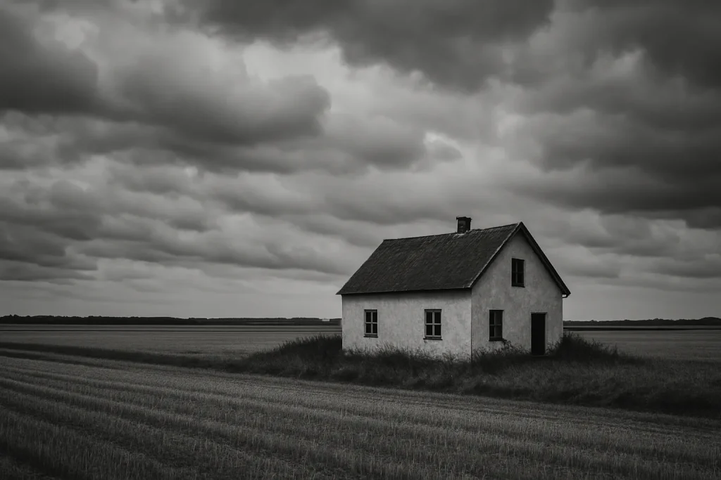Vue d'une maison isolée entourée de champs près de Mortagne-au-Perche en noir et blanc