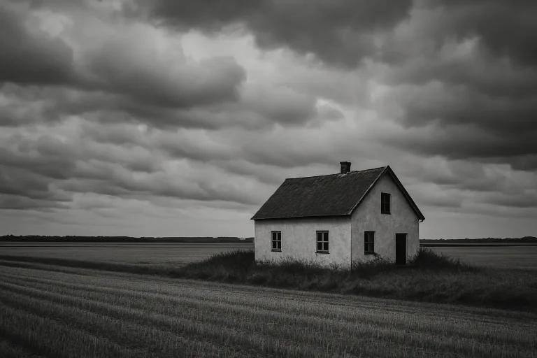 Vue d'une maison isolée entourée de champs près de Mortagne-au-Perche en noir et blanc