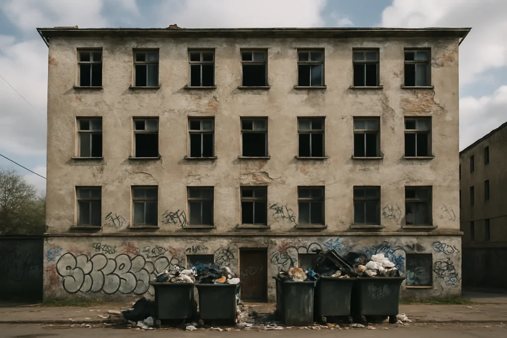 Immeuble délabré avec tags et poubelles débordantes après squat.
