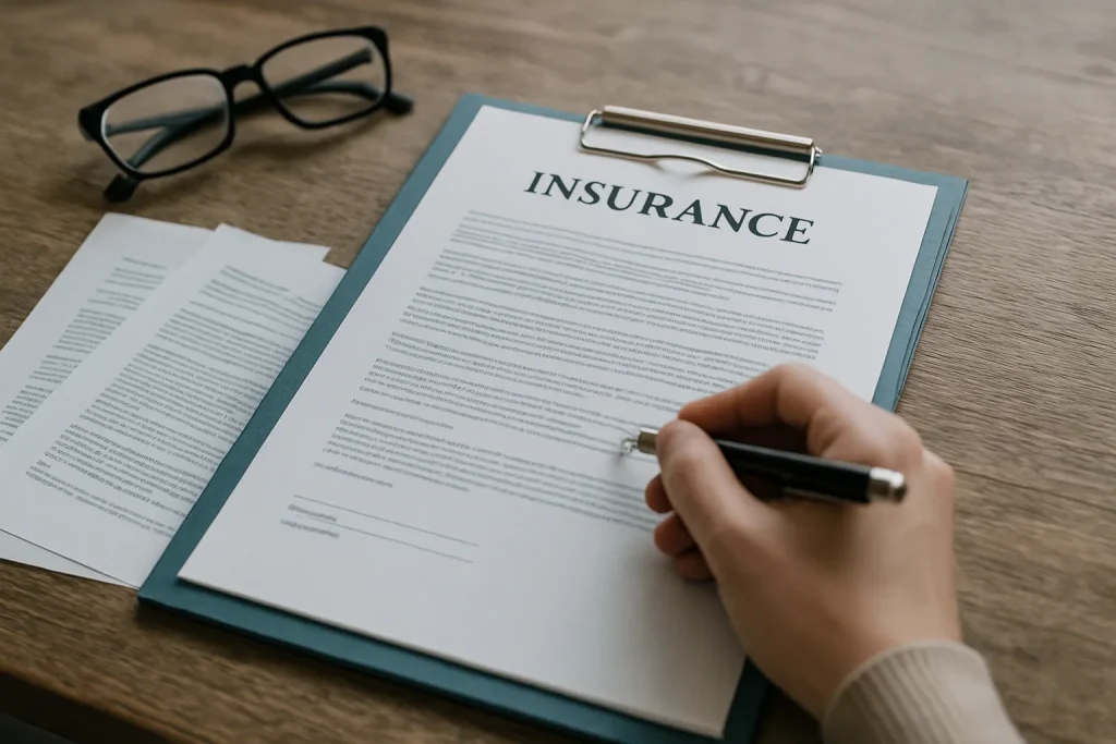 Dossier d'assurance ouvert sur une table avec des documents, lunettes et une main tenant un stylo.
