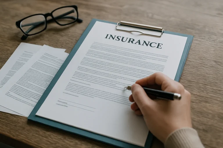 Dossier d'assurance ouvert sur une table avec des documents, lunettes et une main tenant un stylo.