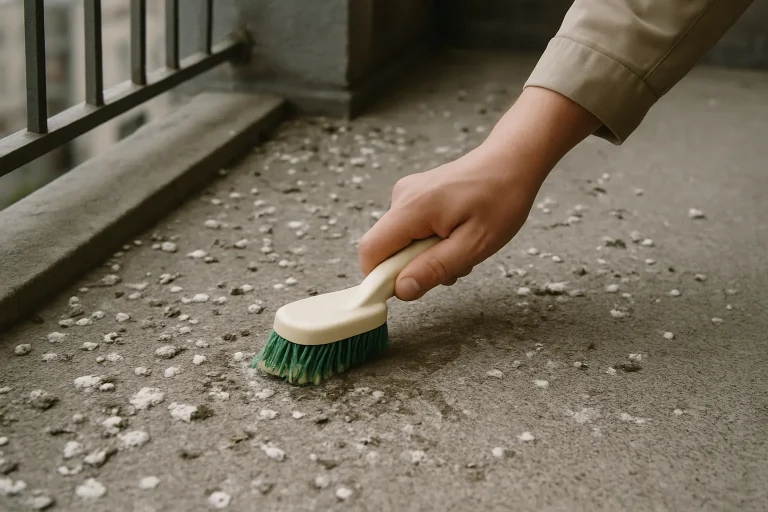 Main utilisant un outil pour nettoyer le sol d'un balcon avec des fientes de pigeons.