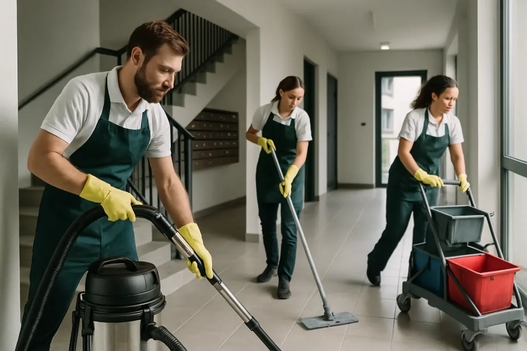 Agents de nettoyage en action dans une copropriété, équipement professionnel visible.