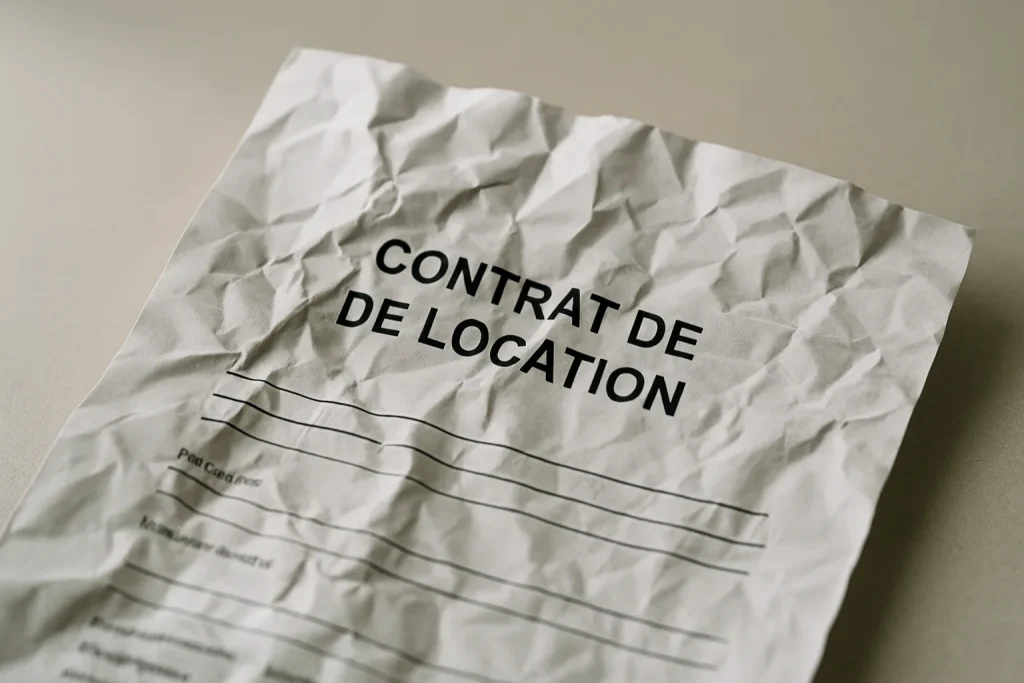 Gros plan sur un contrat de location froissé avec encre visible sur fond uni neutre.