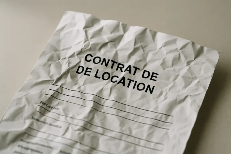 Gros plan sur un contrat de location froissé avec encre visible sur fond uni neutre.